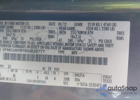 2013 Ford Escape Sel from USA, damaged, VIN 1FMCU0H91DUB28777